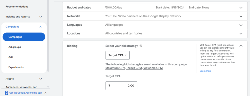 Set a Budget and Bidding Strategy